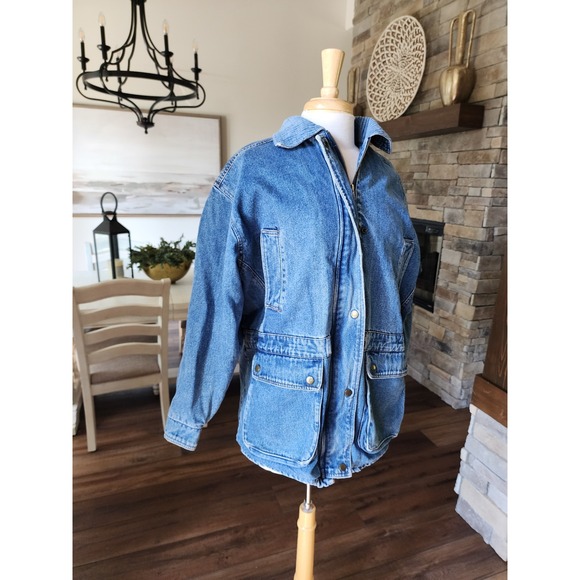 Yearbook Jackets & Blazers - Vintage 80s Yearbook Denim Jacket Oversized Utility‎ Pockets Red Lined Medium